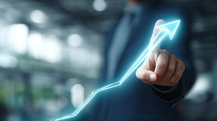 Poster - Close-up of hand interacting with glowing upward arrow, symbolizing growth, progress, and success in business, technology or finance