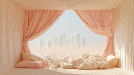 Aufkleber - Soft Urban Sanctuary Minimalist Bedroom Escape with Dreamy Pastel Skyline - Wellness Design and Mental Health Aesthetic for Gen Z Interiors