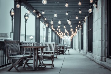Aufkleber - Urban Dining Sanctuary Nostalgic Industrial Sidewalk Cafe with Edison Bulb Ambiance - Minimalist Outdoor Hospitality Design for Contemporary Social Experiences