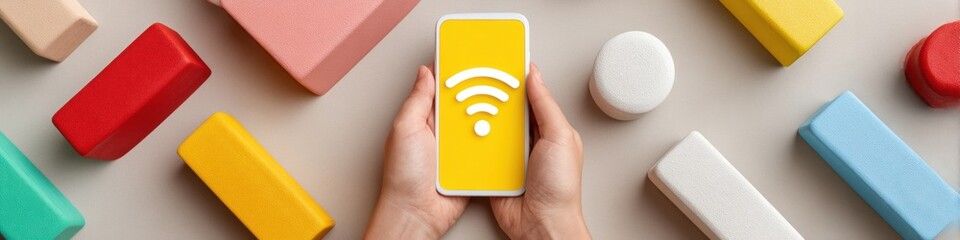 Leinwandbilder - Digital Connectivity Minimalism Gen Z Wireless Networking Concept with Colorful Geometric Design Elements - Modern Tech Lifestyle and Professional Communication