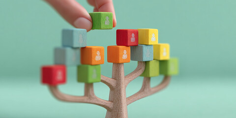 Poster - Wooden tree with colorful blocks, each showing a person icon, symbolizing team growth, network, or organizational structure.  Concept represents human resources, connection, and collaboration