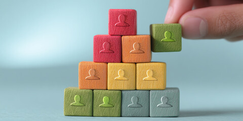 Poster - Colorful wooden blocks forming pyramid, each block showing person icon, symbolizing team building, growth, or human resources management