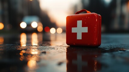 Poster - Urban Crisis Resilience Emergency First Aid Kit in Hyper-Realistic Disaster Preparedness Scene - Minimalist Safety Design for Adaptive Urban Response
