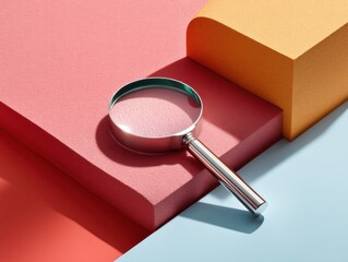 Leinwandbilder - Geometric Color Block Minimalism Precision Magnifying Glass on Color-Gradient Platforms Showcasing Modern Design Exploration and Visual Analytics