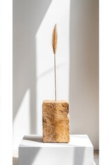 Aufkleber - Minimalist Organic Sculptural Still Life Earthy Stone Pedestal with Delicate Wheat Stem - Contemporary Wabi-Sabi Design Elevating Architectural Stillness and Natural Aesthetic