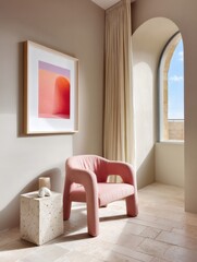 Poster - Serene Minimalist Sanctuary Sculptural Dusty Rose Chair and Ethereal Golden Hour Design - Contemporary Interior Wellness and Aesthetic Living Concept