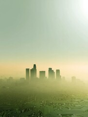 Poster - Emerging Techno-Urban Horizon Smart City Awakening in Sustainable Green Mist - Innovative Cityscape Visualizing Digital Transformation and Eco-Conscious Metropolitan Evolution