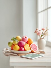 Aufkleber - Minimalist Wellness Tech Sanctuary Vibrant Citrus and Digital Nutrition Tracking in Soft-Lit Home Office Workspace - Mindful Health Innovation