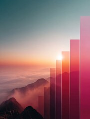 Fototapete - Gradient Ascent Visionary Data Visualization of Market Growth, Tech Innovation and Economic Resilience in Ethereal Sunrise Landscape