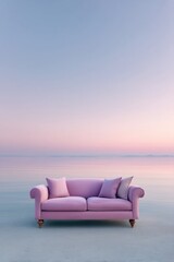 Poster - Dreamy Pastel Comfort Lavender Velvet Sofa with Curved Silhouette - Contemporary Home Styling for Serene Millennial and Gen Z Living Spaces