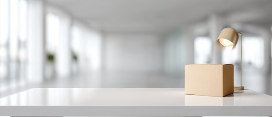 Leinwandbilder - Minimalist Career Transition Mockup White Glass Surface with Elegant Cardboard Box and Modern Desk Lamp - Professional Rebranding Visual Content