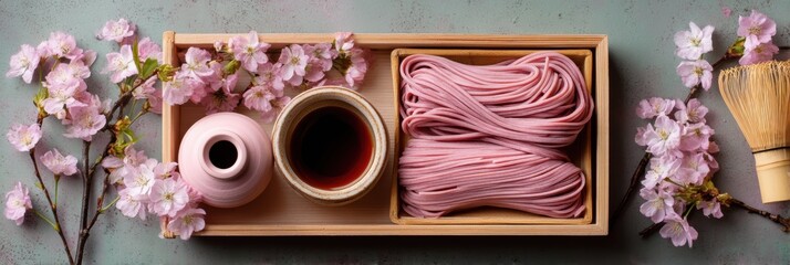 Aufkleber - Ethereal Sakura Soba Artisanal Japanese Culinary Aesthetic - Millennial Pink Gastronomy Trend with Mindful Seasonal Plating and Cultural Culinary Storytelling