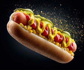 Poster - Culinary Motion Art Levitating Gourmet Hot Dog with Dynamic Gold Particle Splash - Innovative Food for Digital Branding and Lifestyle Content