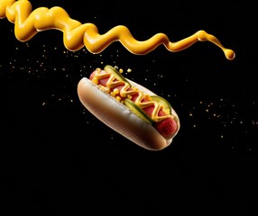 Fototapete - Gravity-Defying Culinary Art Levitating Gourmet Hot Dog with Dynamic Mustard Flow - Innovative Food for Digital Marketing and Social Media Engagement