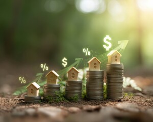 Poster - Sustainable Investment Growth Eco-Driven Real Estate Portfolio Visualization with Rising Stacked Coins and Progressive Miniature House Metrics