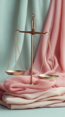 Poster - Soft-Hued Justice Delicate Balance Scale on Pastel Fabric - Elegant Legal Branding and Conceptual Financial Dispute Resolution Imagery