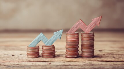 Fototapete - Dynamic Financial Growth Minimalist Investment Visualization with Stacked Copper Coins and Trending Arrows - Strategic Wealth Management for Modern Entrepreneurs