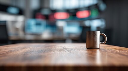 Aufkleber - Minimalist Tech Workspace Dark Mahogany Desk with Metallic Coffee Mug - Contemporary Productivity and Digital Entrepreneurship Aesthetic
