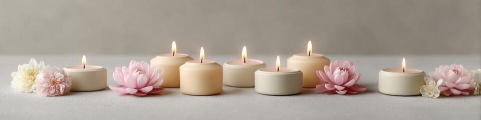 Poster - Zen Minimalist Wellness Sanctuary Soft Pastel Candles and Lotus Blooms - Tranquil Mindfulness for Holistic Self-Care Branding Experiences