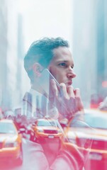 Fototapete - Digital Anxiety Decoded Millennial Investor Navigates Market Volatility through Smartphone Connectivity in Urban Financial Landscape - Real-Time Economic Stress Visualization
