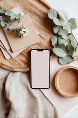 Aufkleber - Soft Minimalist Tech Styling Eucalyptus-Inspired Digital Workspace Composition with Natural Textures, Modern Productivity and Mindful Design Aesthetic