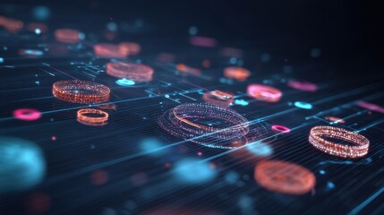 Fototapete - Immersive Digital Landscape Futuristic AI-Powered Network Visualization with Holographic Data Interfaces - Next-Gen Tech Innovation for Cybersecurity and Machine Learning