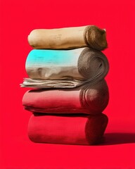 Fototapete - Bold Minimalist Financial Archives Surreal Stacked Newspapers Revealing Economic Narratives in High-Contrast Pop Art Style for Modern Business Insights