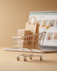 Aufkleber - Minimalist E-Commerce Visualization Soft Neutral Toned Miniature Shopping Cart with Digital Marketplace Interface - Modern Retail Technology and Consumer Experience Narrative