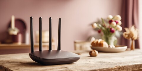 Poster - Minimalist Home Connectivity Sleek Wi-Fi Router on Warm Woodgrain Surface - Elegant Smart Home Tech Transforming Digital Living Spaces