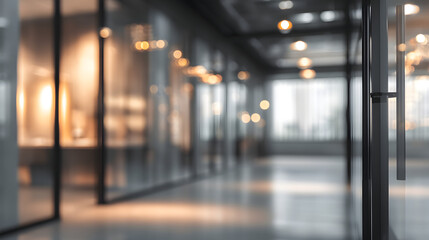 Business action in modern office interior with blurred background and doorway perspective