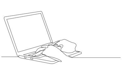 continuous single line of hand fingers typing on laptop for business office work or social media con