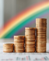 Poster - Optimistic Financial Growth Ascending Gold Coin Stacks with Vibrant Rainbow Symbolizing Diverse Investment Success and Economic Resilience in Digital Era