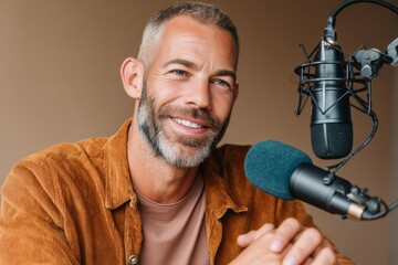 Leinwandbilder - Authentic Media Storytelling Millennial Podcaster in Warm Corduroy Capturing Engaging Digital Content with Professional Audio Production Aesthetic
