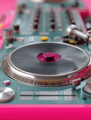 Leinwandbilder - Retro-Futuristic DJ Soundscape Vintage Turntable with Vibrant Cyberpunk Aesthetic - Next-Gen Music Production and Creative Audio Engineering