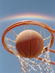 Poster - Dynamic Basketball Moment Inspirational Sports Performance Capture with Rainbow Sky - Millennial Athlete Empowerment Visual for Digital Marketing and Brand Storytelling