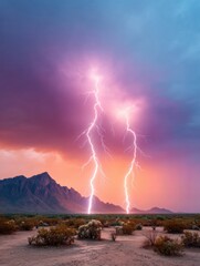 Fototapete - Climate Crisis Aesthetic Ethereal Desert Lightning Storm - Dramatic Atmospheric Capture Showcasing Extreme Weather Resilience and Environmental Transformation