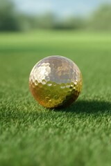 Aufkleber - Luxe Performance Golf Metallic Gold Tournament Ball on Pristine Green - Elite Athletic Precision and Minimalist Sports Aesthetic for High-End Marketing