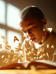 Aufkleber - Neurodivergent Learning Revolution Gen Z Young Scholar Transforms Dyslexia through Imaginative Visual Language Exploration in Soft Golden Illumination