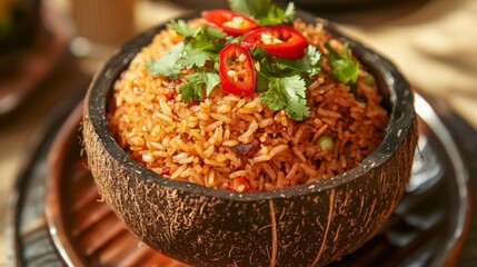 Poster - An artistic shot of fried rice being served in a coconut shell, topped with sliced chili and fresh cilantro, capturing the tropical essence of this dish.