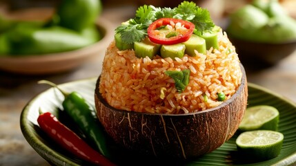 Poster - An artistic shot of fried rice being served in a coconut shell, topped with sliced chili and fresh cilantro, capturing the tropical essence of this dish.