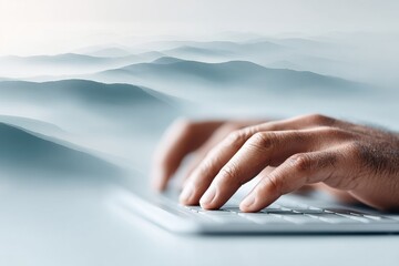 Aufkleber - Minimalist Digital Workspace Ethereal Landscape Meets Ergonomic Productivity, Blending Zen-Inspired Tech Interaction with Fluid Professional Design