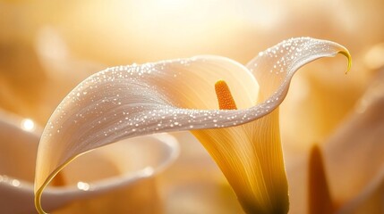 Poster - An elegant close-up of a calla lily with dew drops glistening on its smooth petals, highlighting its unique shape and the beauty of nature in early morning light.