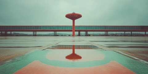 Poster - Minimalist Urban Symmetry Retro-Futuristic Architectural Landscape with Iconic Water Tower - Nostalgic Mid-Century Design Meets Contemporary Visual Aesthetics
