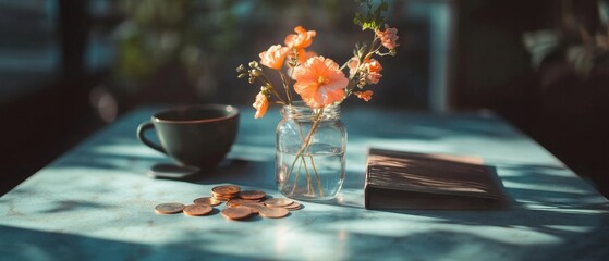 Poster - Mindful Financial Wellness Copper Coins and Blooming Florals - Aesthetic Workspace Design for Entrepreneurial Inspiration and Strategic Planning