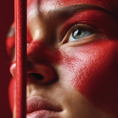 Aufkleber - Expressive Color Narrative Intense Crimson Portrait Revealing Raw Emotion, Cinematic Gen Z Aesthetic in Bold Visual Storytelling for Contemporary Creative Branding
