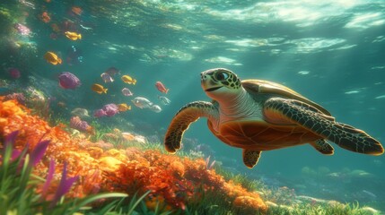 Poster - An underwater shot of a sea turtle interacting with a vibrant school of fish, showcasing the harmony of marine life and the beauty of ocean ecosystems.