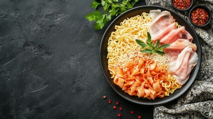 Poster - A beautifully arranged plate of instant noodles topped with sliced meats and herbs, creating an inviting and colorful presentation, highlighting its delicious appeal.