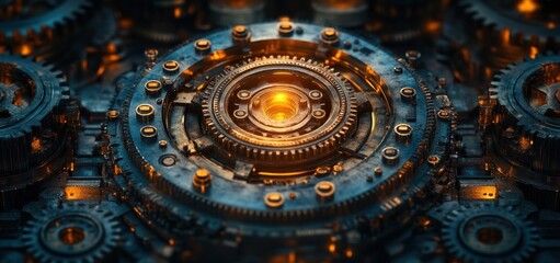 Poster - Intricate Clockwork Mechanism: A Glowing Core of Gears and Cogs
