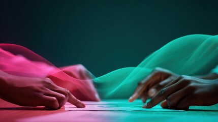 Leinwandbilder - Synergetic Workflow Multidimensional Collaboration Visualized Through Dynamic Chromatic Interaction of Professional Hands in Innovative Digital Workspace