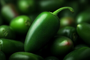 Fototapete - Close-up of green jalapeno peppers, showcasing their textured skin and vibrant color, symbolizing freshness, spice, and natural goodness